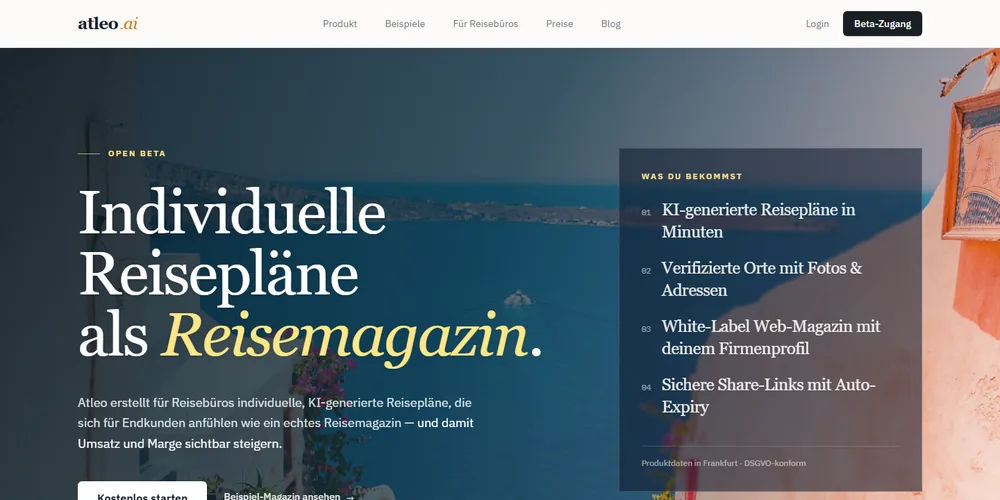 Startseite von Atleo AI: individuelle Reisepl&auml;ne als Reisemagazin