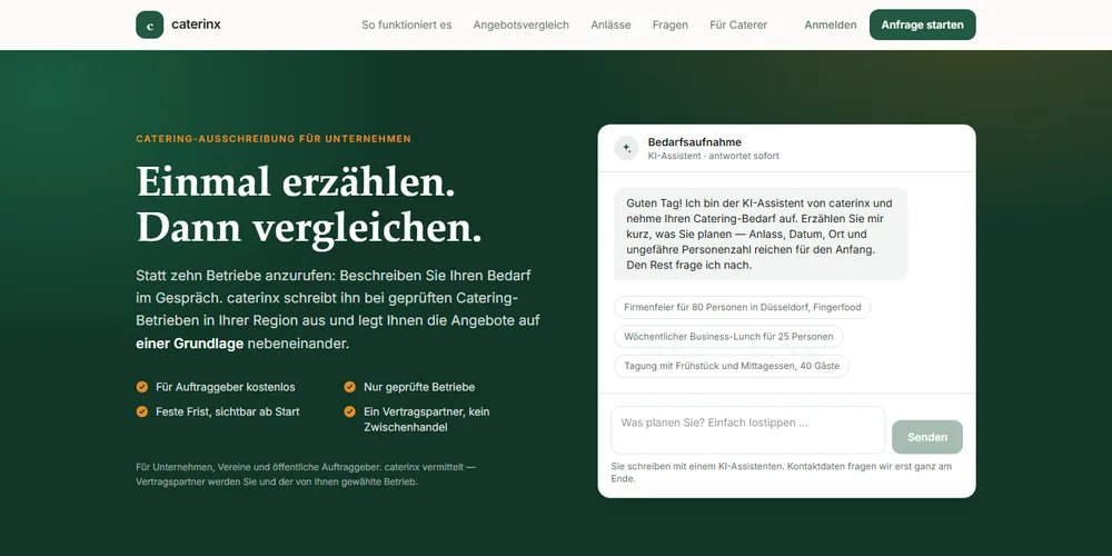 Startseite von caterinx.com: KI-Assistent nimmt den Catering-Bedarf im Chat auf